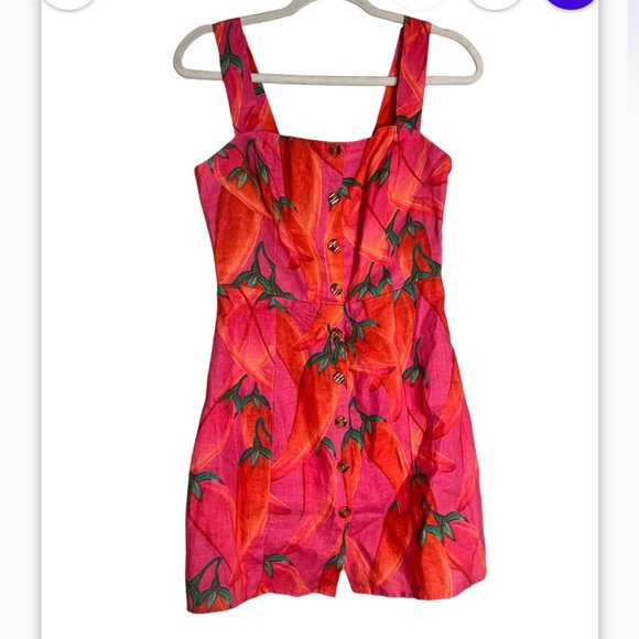 FARM Rio Red Pepper Tropical Linen Mini Dress Sz XS Resortwear Vacation - Picture 5 of 10